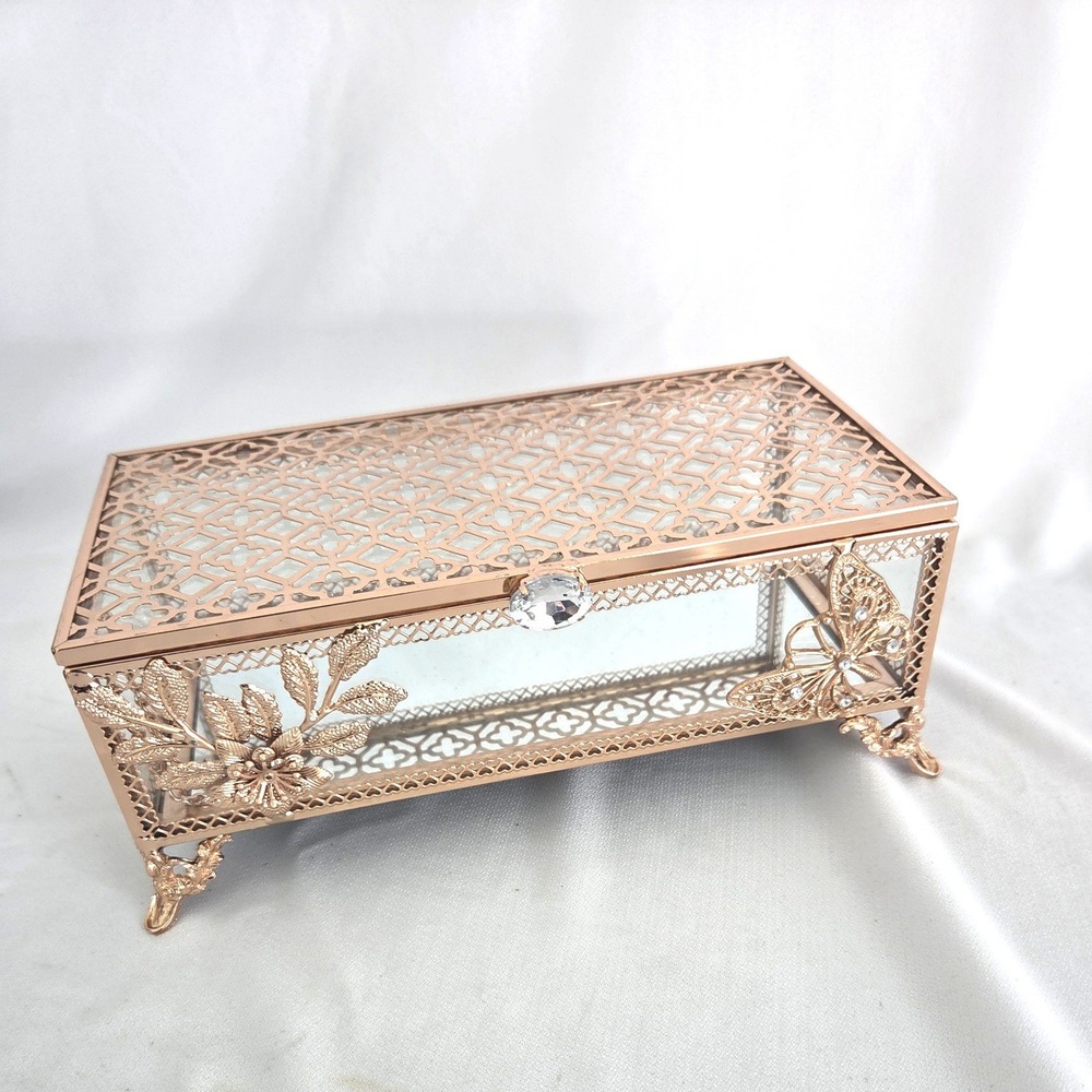 Rose Gold Glass Jewelry Box Filigree Butterfly Floral Mirrored Vanity Case 9in